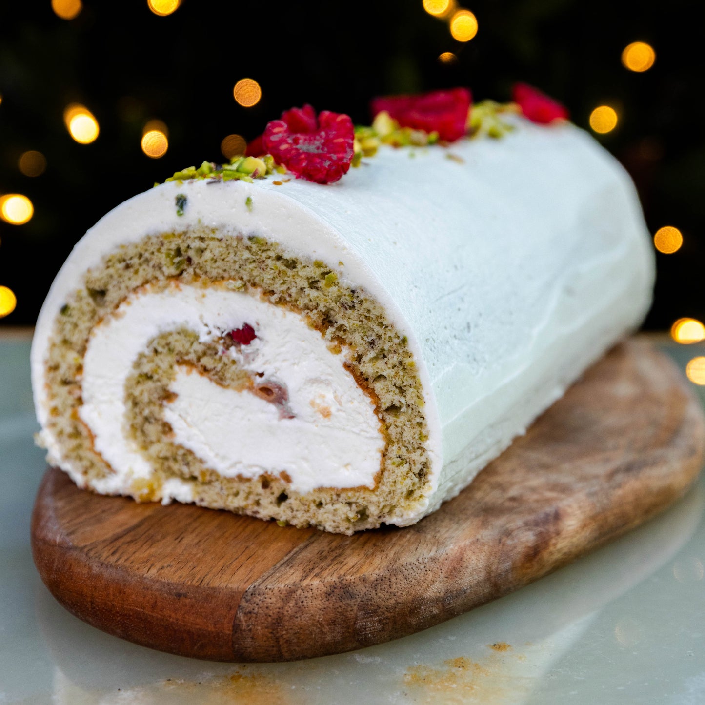 Pistachio Log Cake with Lychee