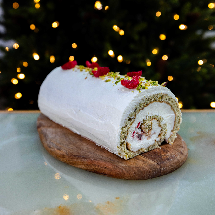 Pistachio Log Cake with Lychee